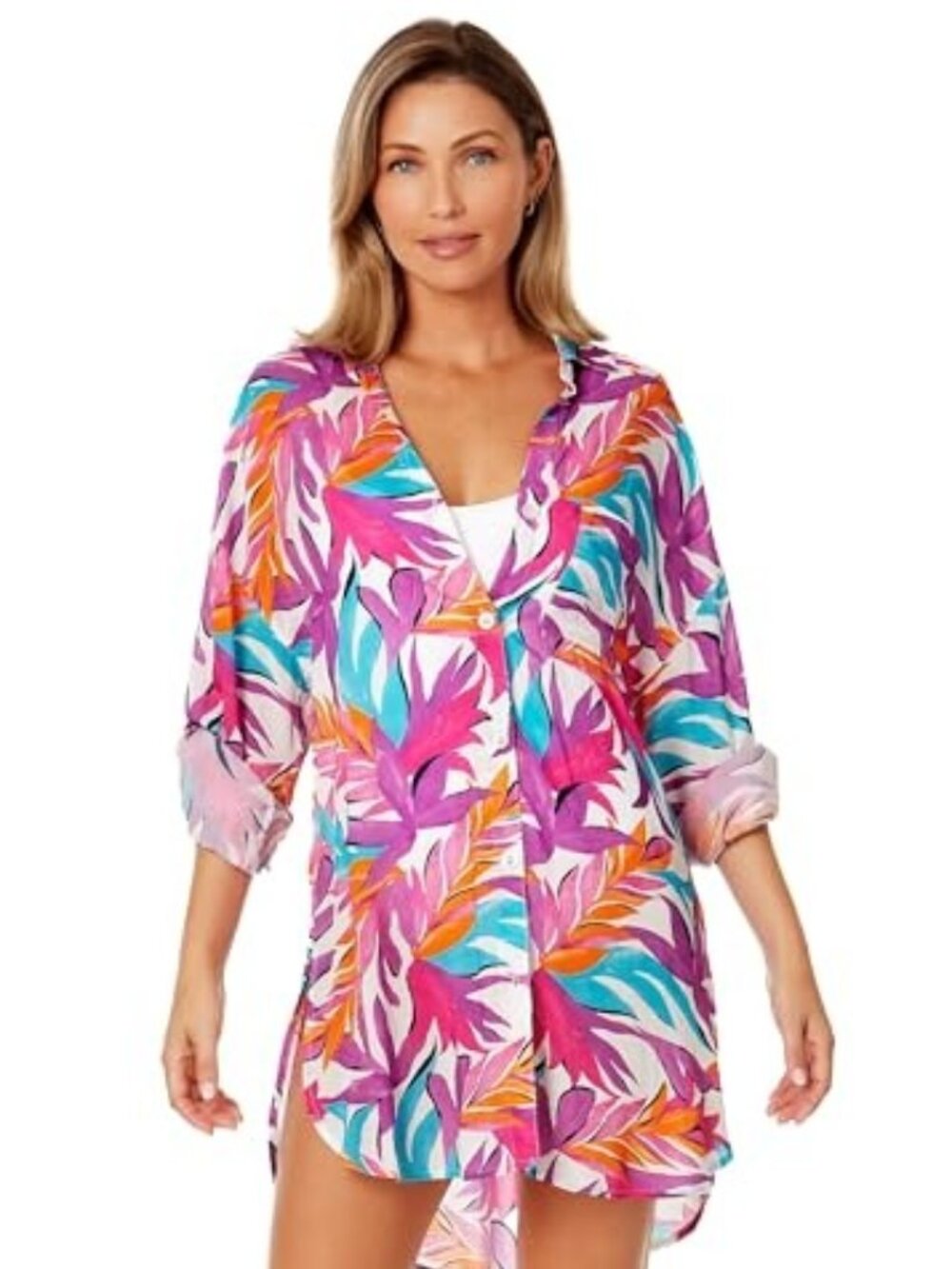 Anne Cole Boyfriend Button Down Tunic Cover-Up Purple Multi XS/S
